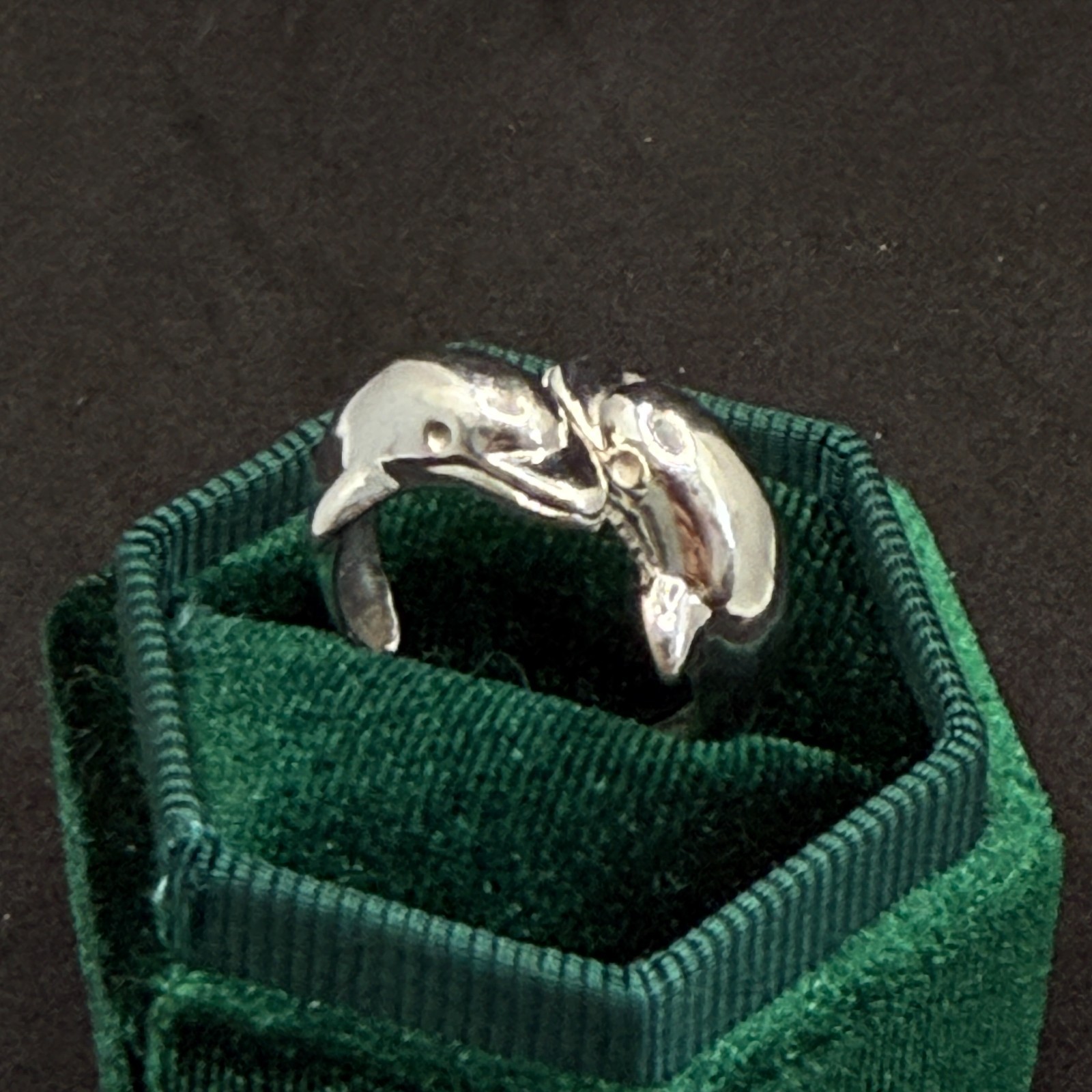 Two Dolphins Sea Creatures 925 Silver Vintage Wrap Ring Size 8.25