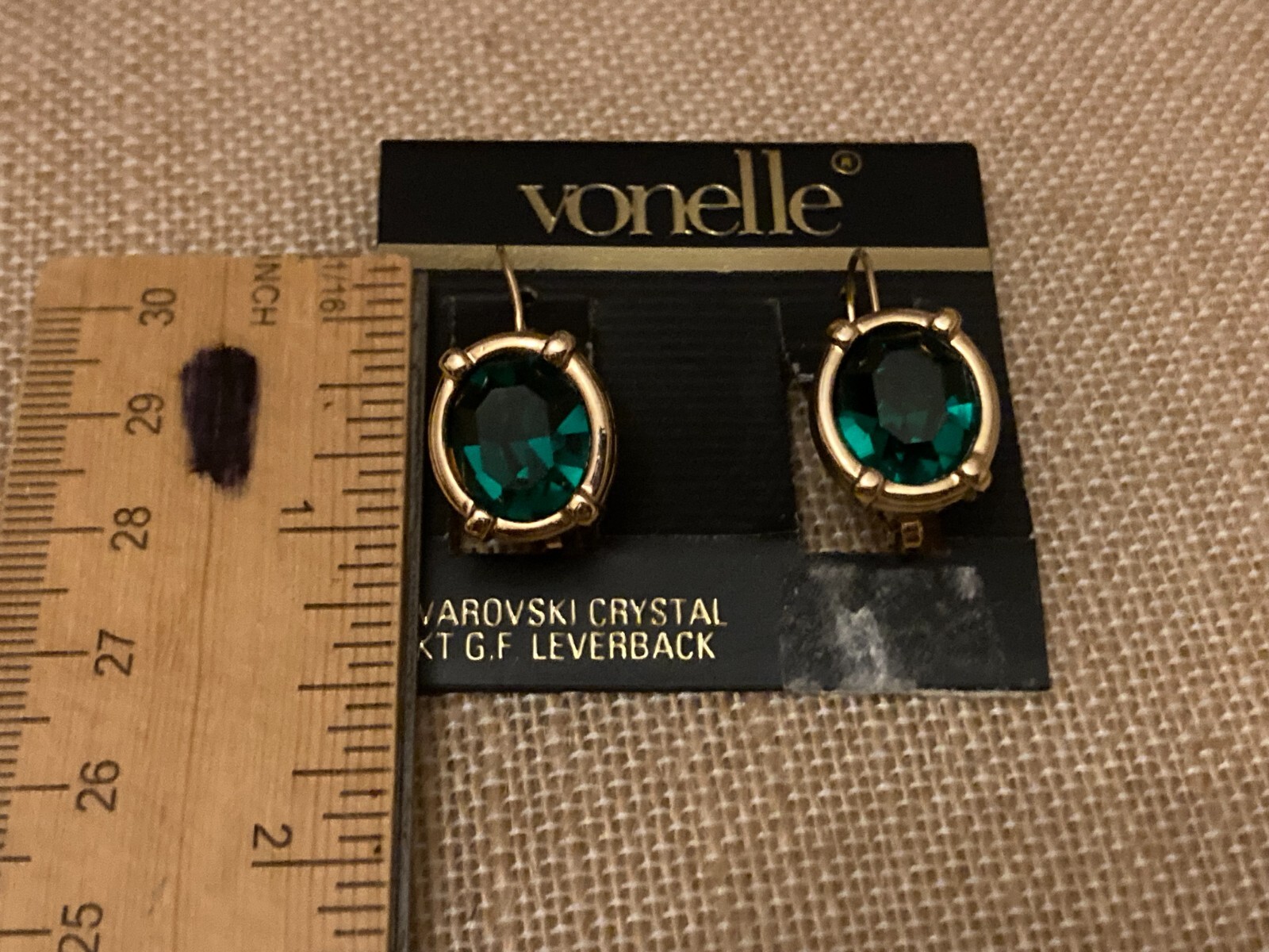 Vintage VONELLE Swarovski Green Crystal Earrings 14KT GF Leverback On Brand Card