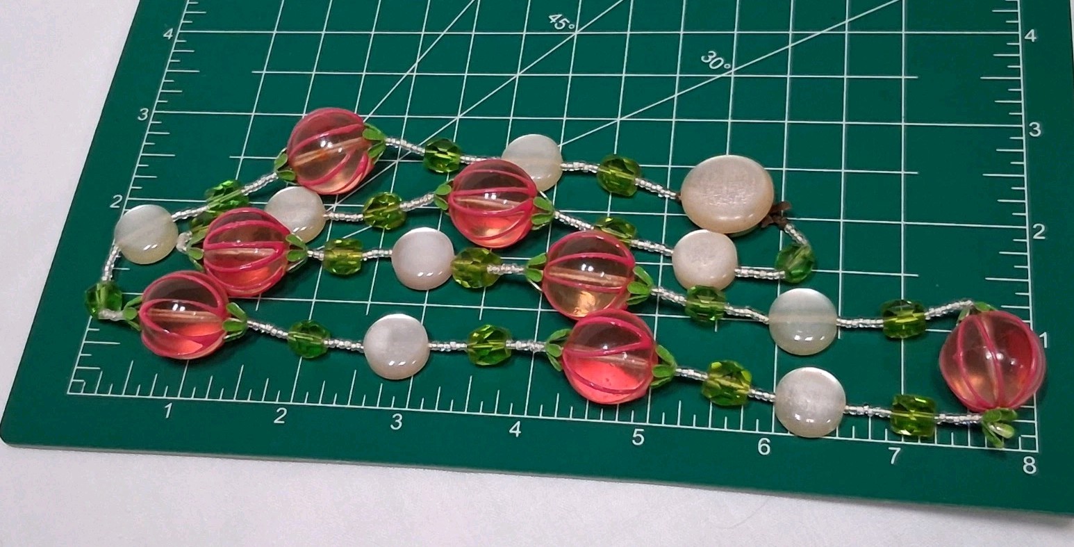 VTG Fruit Japan Necklace Pink Lucite/Acrylic beads And Green MELON BALLS