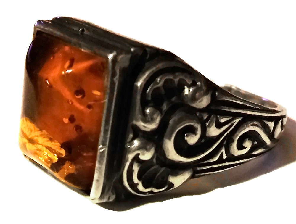 Antique Vintage Amber Silver Ring Carved Baroque Real Natural Baltic Europ Large