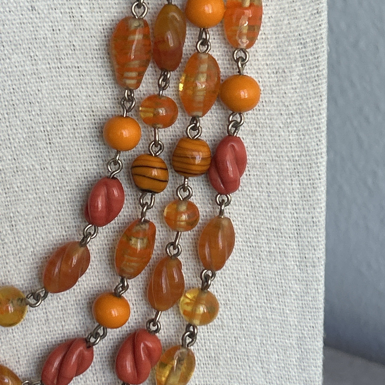 Multi Strand Glass Bead Necklace Orange Yellow Coral Vintage Statement Jewelry