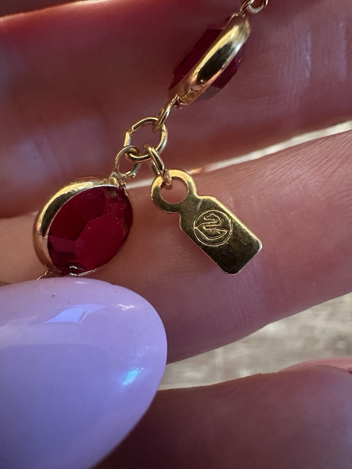 Vintage Swarovski Swan Signed Red Crystal Open Back Bezel Set Gold Tone Necklace