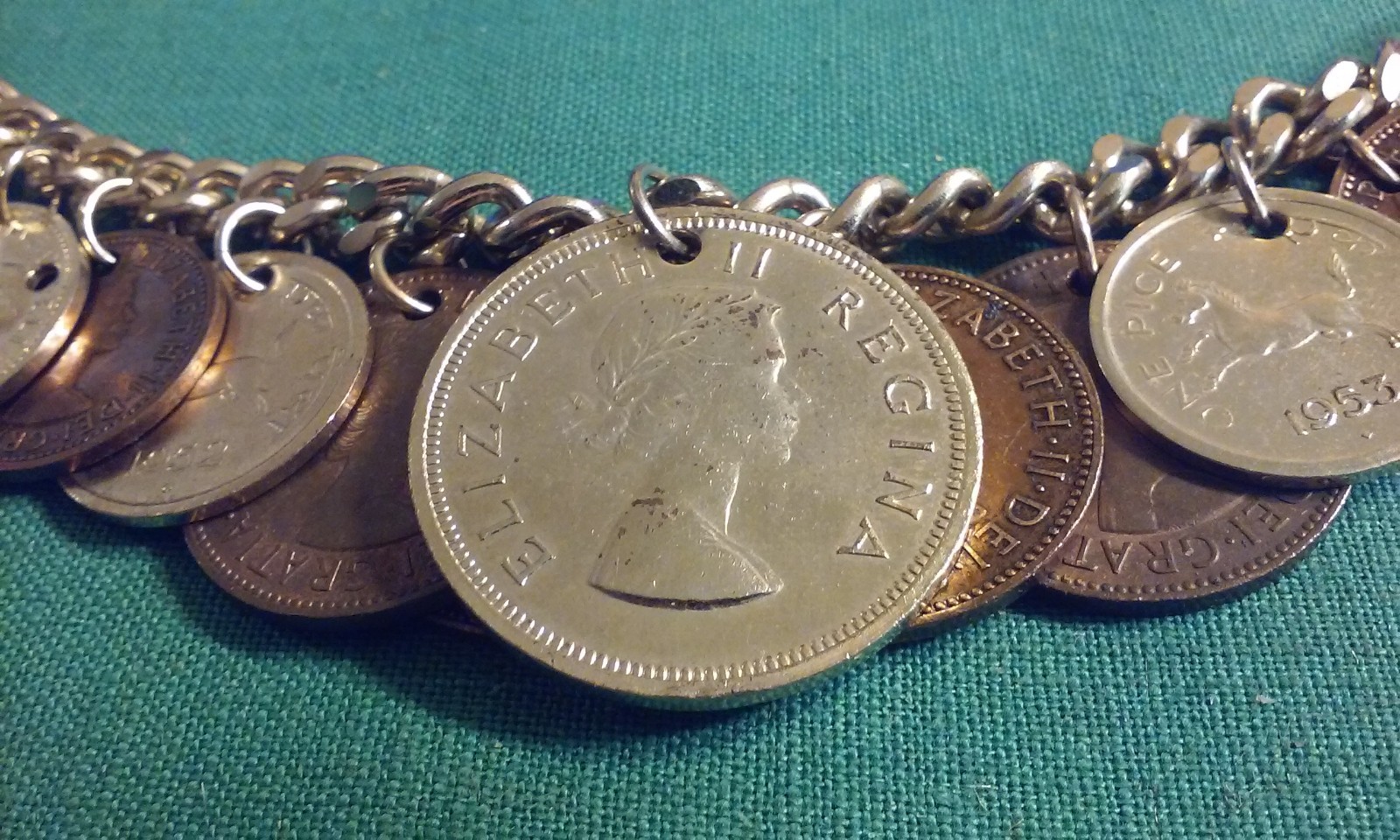 Vintage 15 RARE 1950’s Coin Charm Bracelet South Africa, India, Osterreich 8″