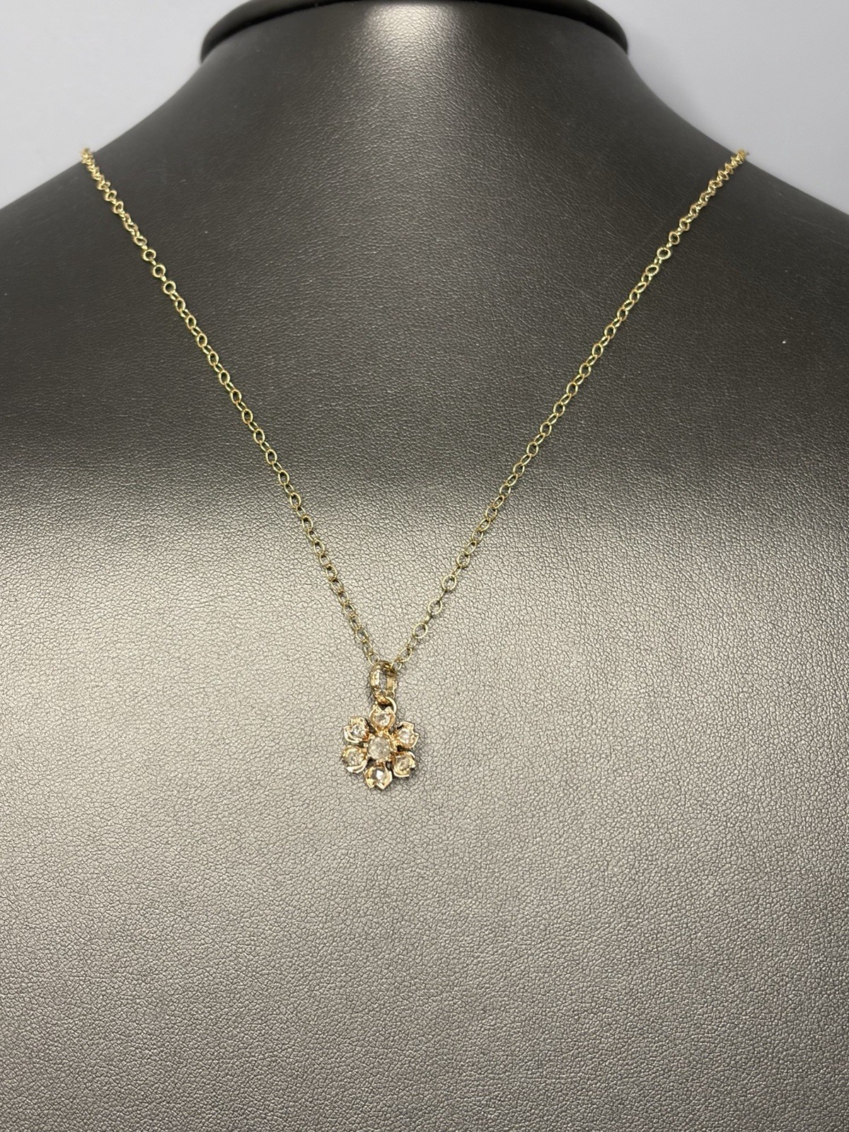 Antique 14KT Gold Diamond Rose Cut Flower Pendant On Gold filled Chain