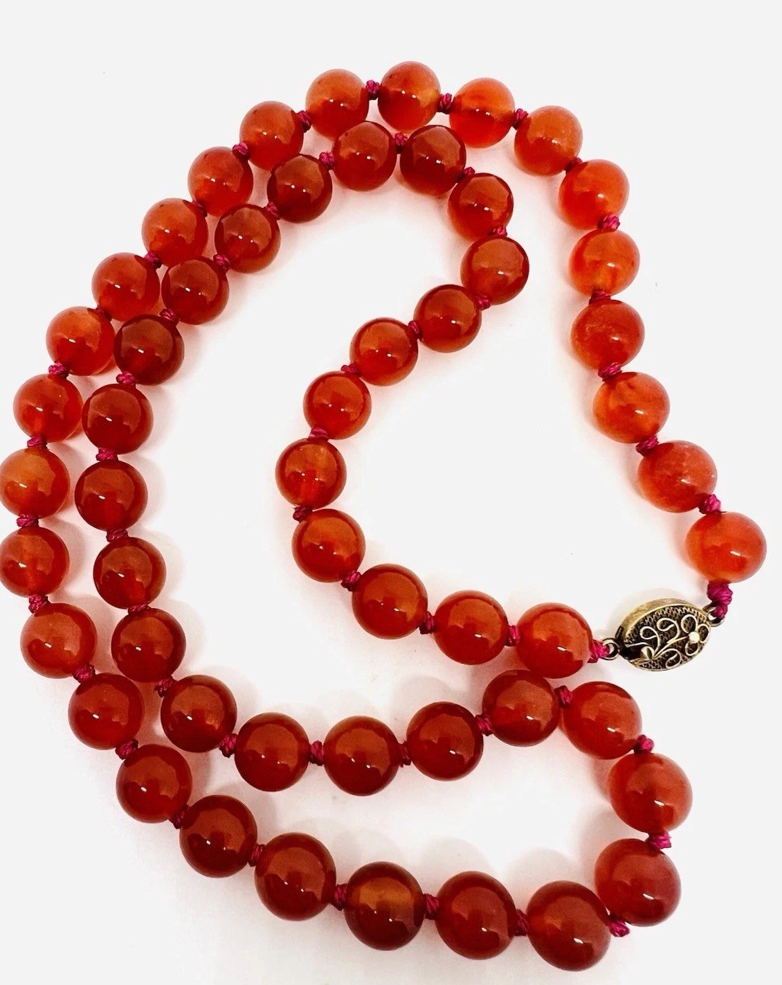 Chinese Export Sterling Silver Carnelian Beaded Necklace 25in Vintage Jewelry