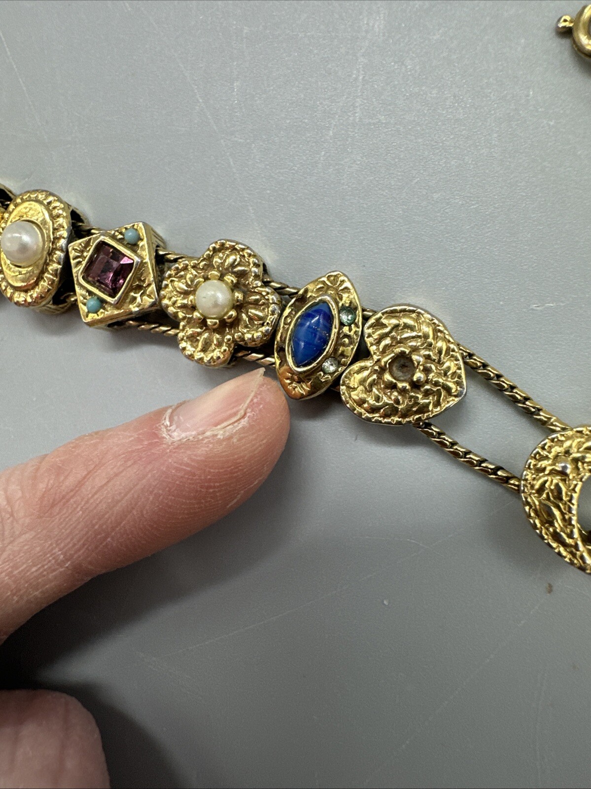 Vintage Signed Goldette NY Multiple Gemstones Safety Chain Slide Charm Bracelet