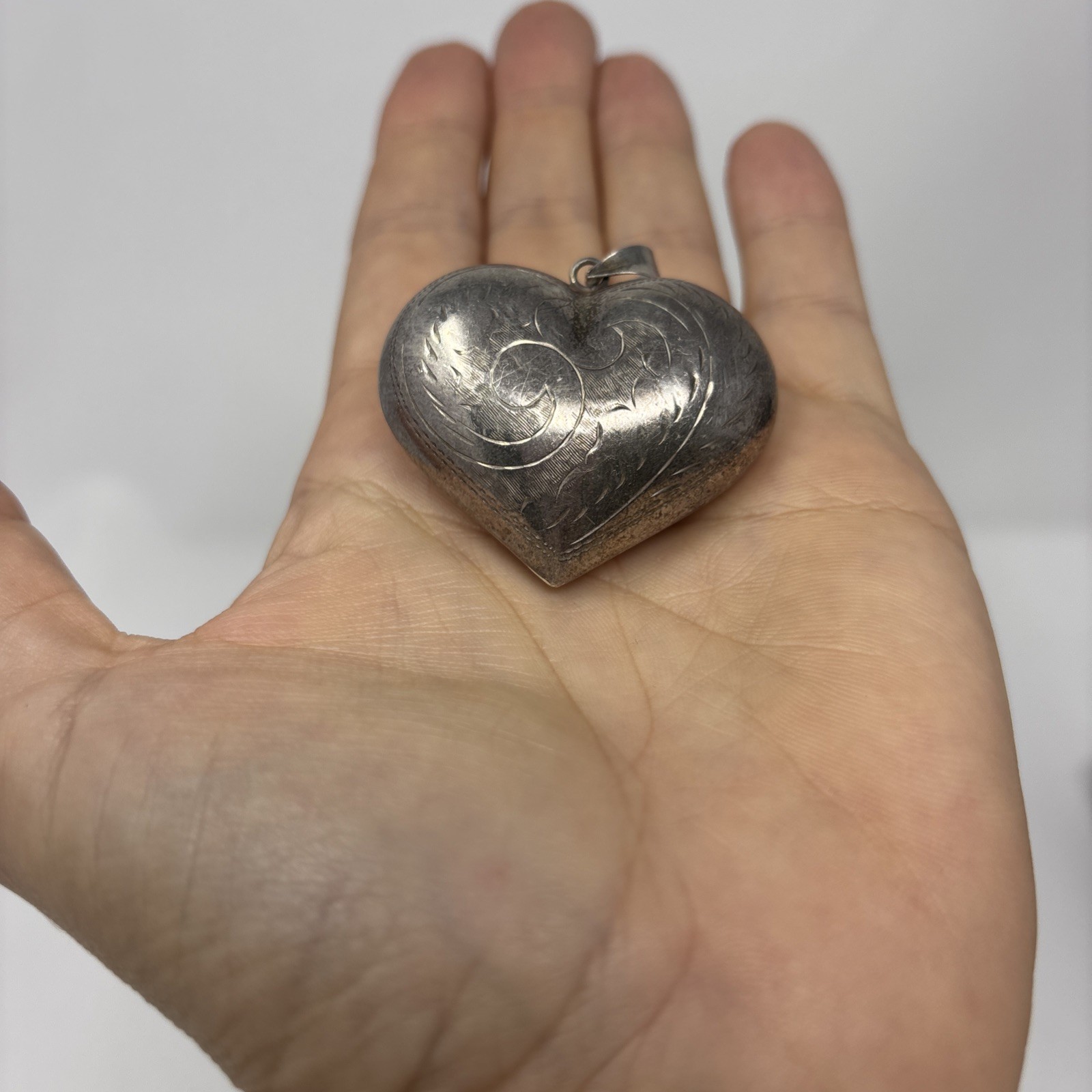 Vintage Sterling Silver Puffy Heart Pendant Etched Floral 13.4g Large