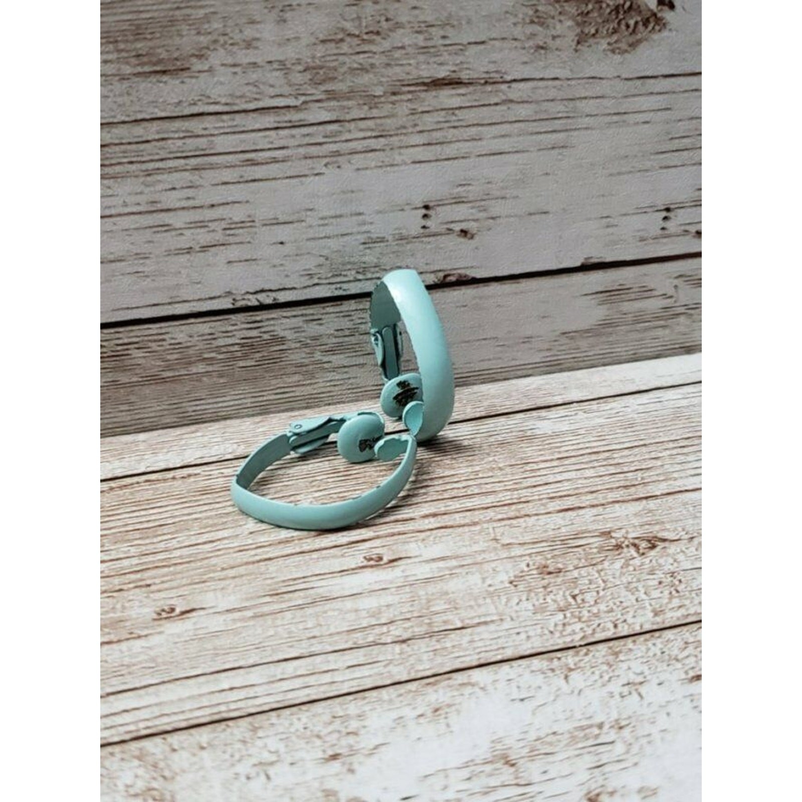 Vintage Clip On Earrings 1″ Aqua Blue Elongated Folded Hoop Retro