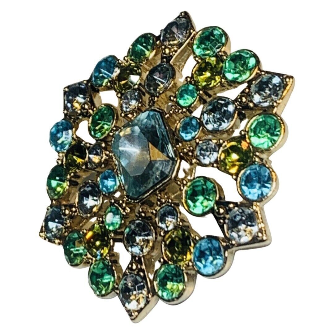 Liz Claiborne Green Rhinestone Brooch Pin 2” Gold Tone Flower
