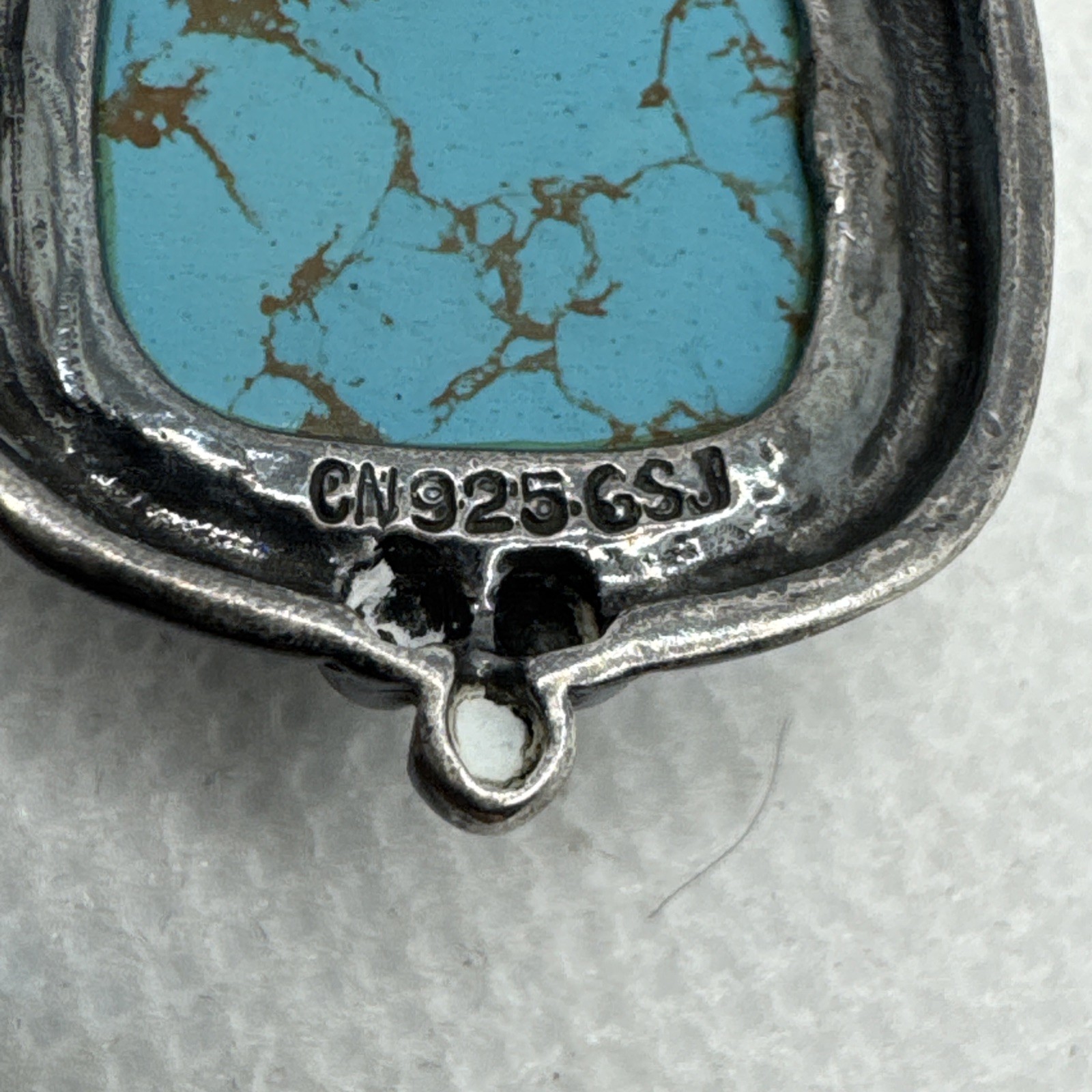 Vintage GSJ 925 Sterling Silver Rope Style Turquoise Rounded Sq Pendant 6.39g