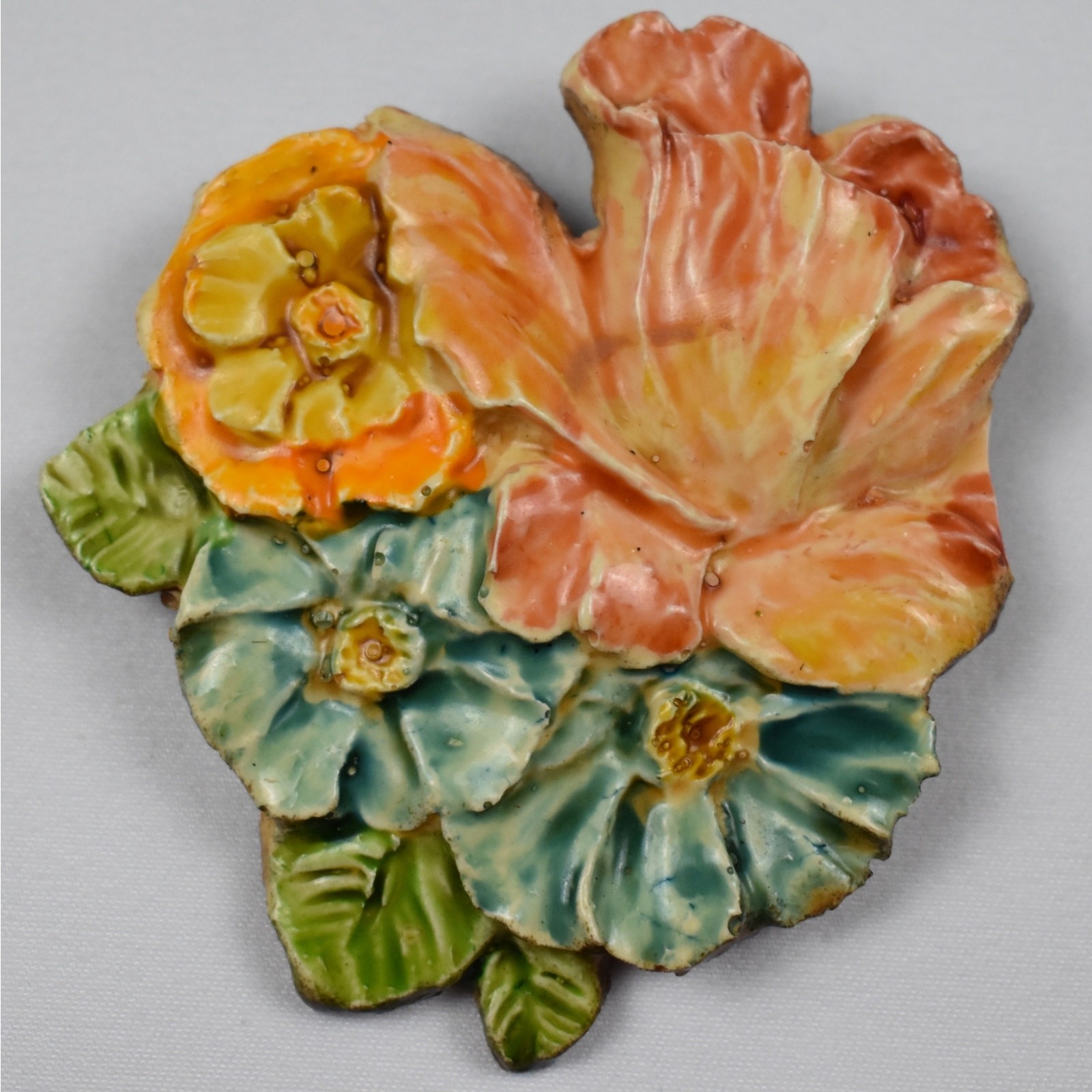 Vintage 1950s West Germany Glossy Floral Brooch Pin Hand Painted Sculpted MCM