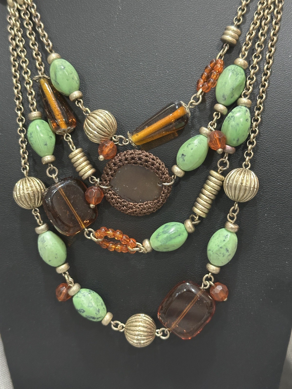 Liz Claiborne Multi Strand Statement Necklace Orange Green Light Gold Tone 18″