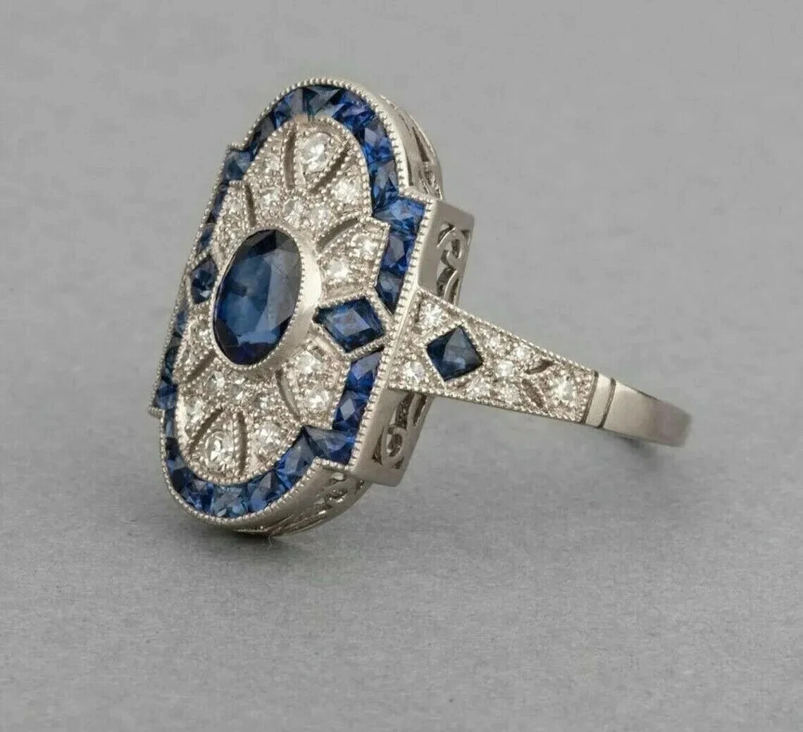 Art Deco Style Sapphire Lab Created Diamond Wedding 14K White Gold FN Ring