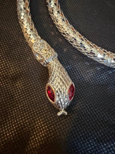 Vintage New Old Stock DL Auld Silver Tone Mesh Snake with Red Eyes Necklace/Belt