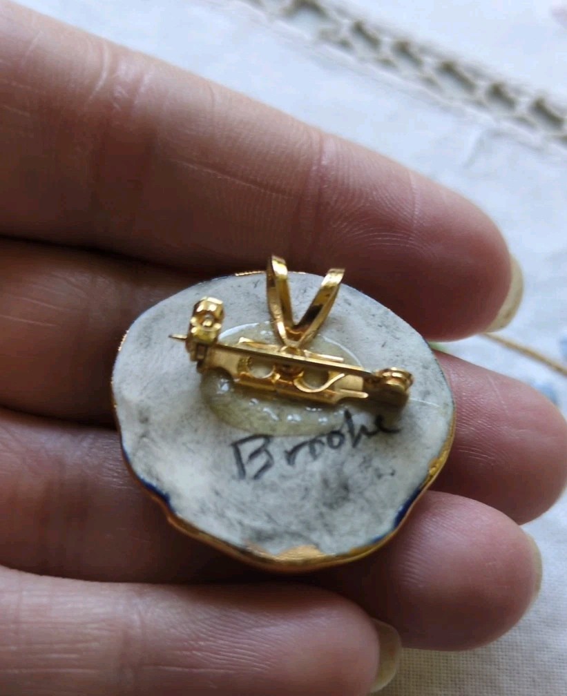 Brooke Andrews Handmade Cherub Angel Ceramic Pendant/ Brooch, Gold Trim