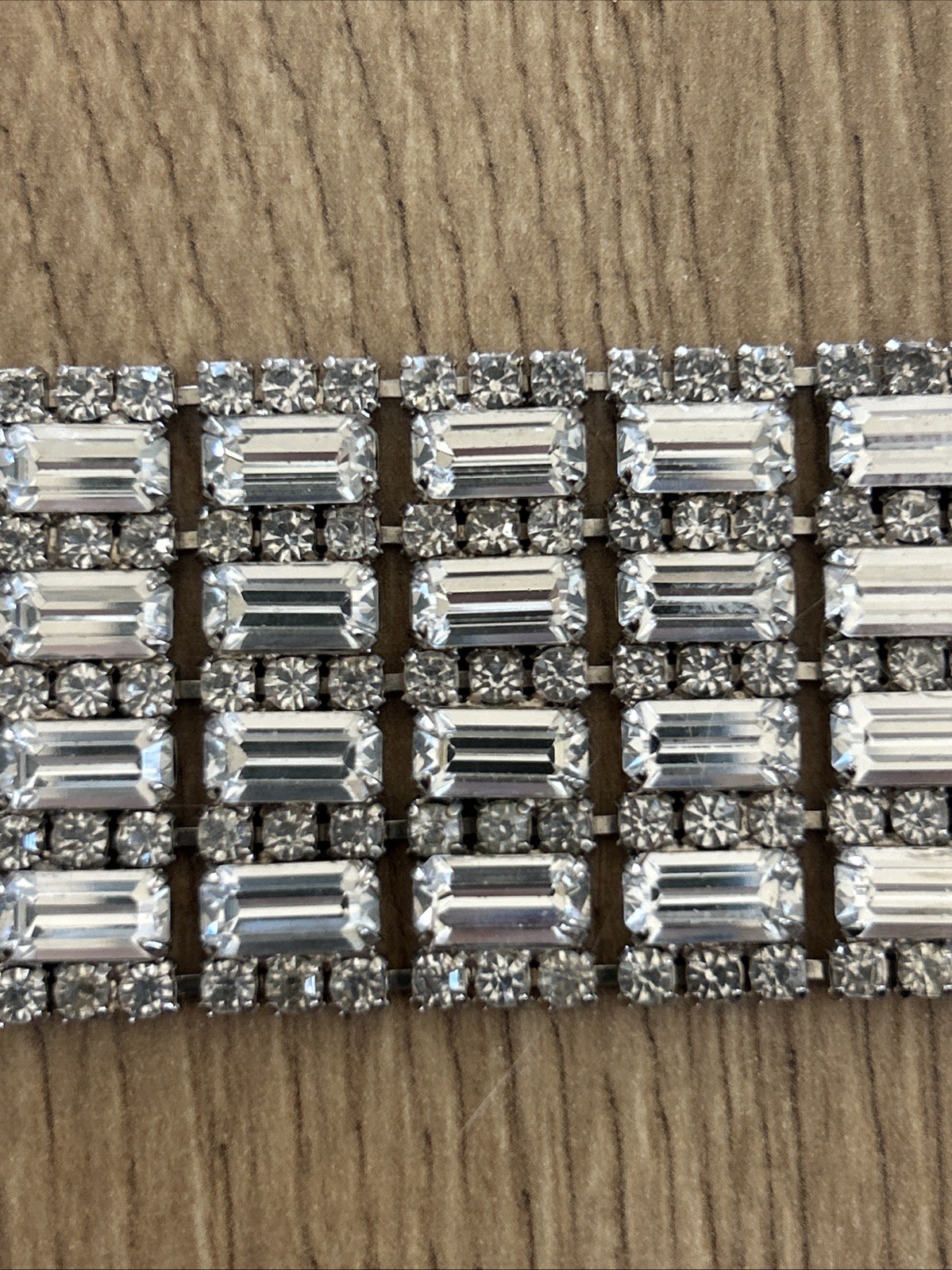 Vtg Wide Rhinestone Bracelet Multiple Rows Baguette & Round Cut Stones
