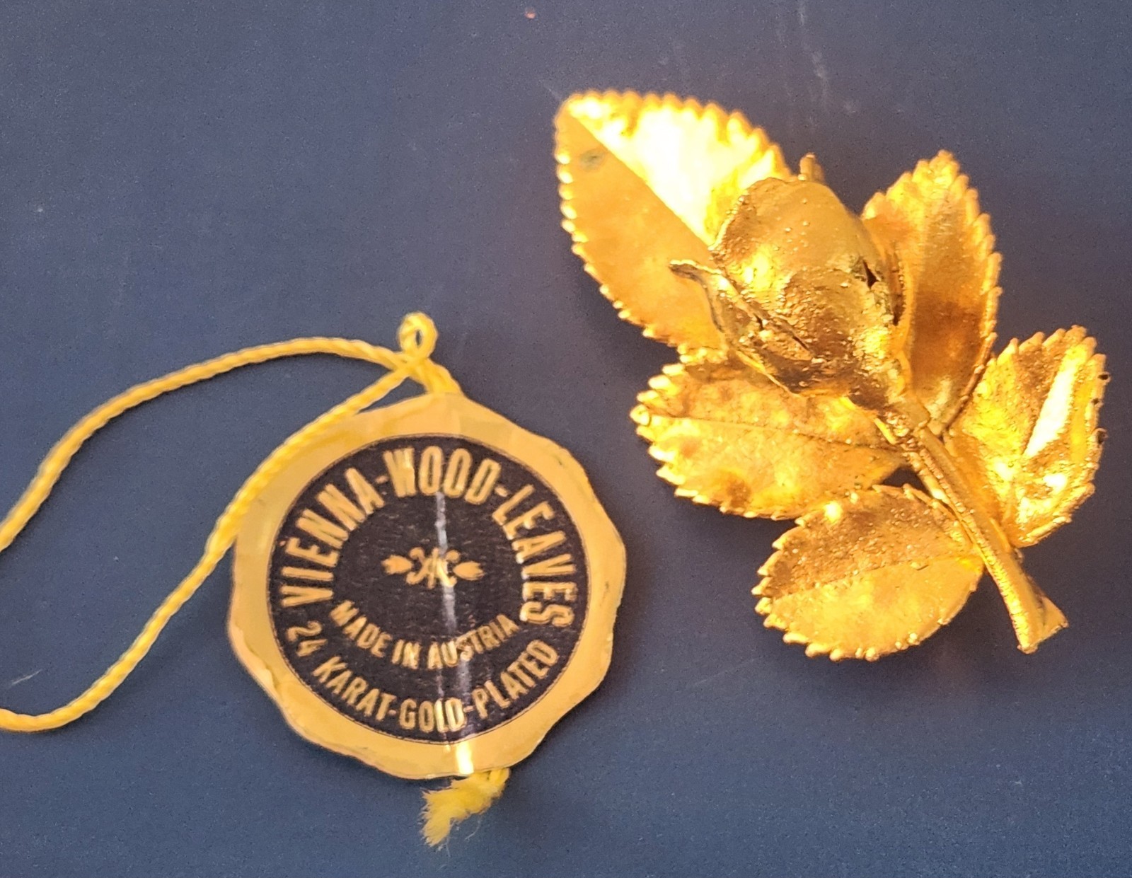 Rose Bud & Leaf Brooch 24ct Gold Plated Vienna Wood Leaves Austria