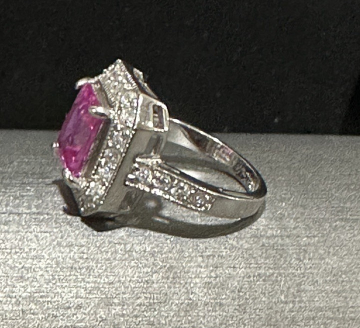 Pink Stone Halo Clear Rhinestone Statement Ring Silver Tone Sz 7.25