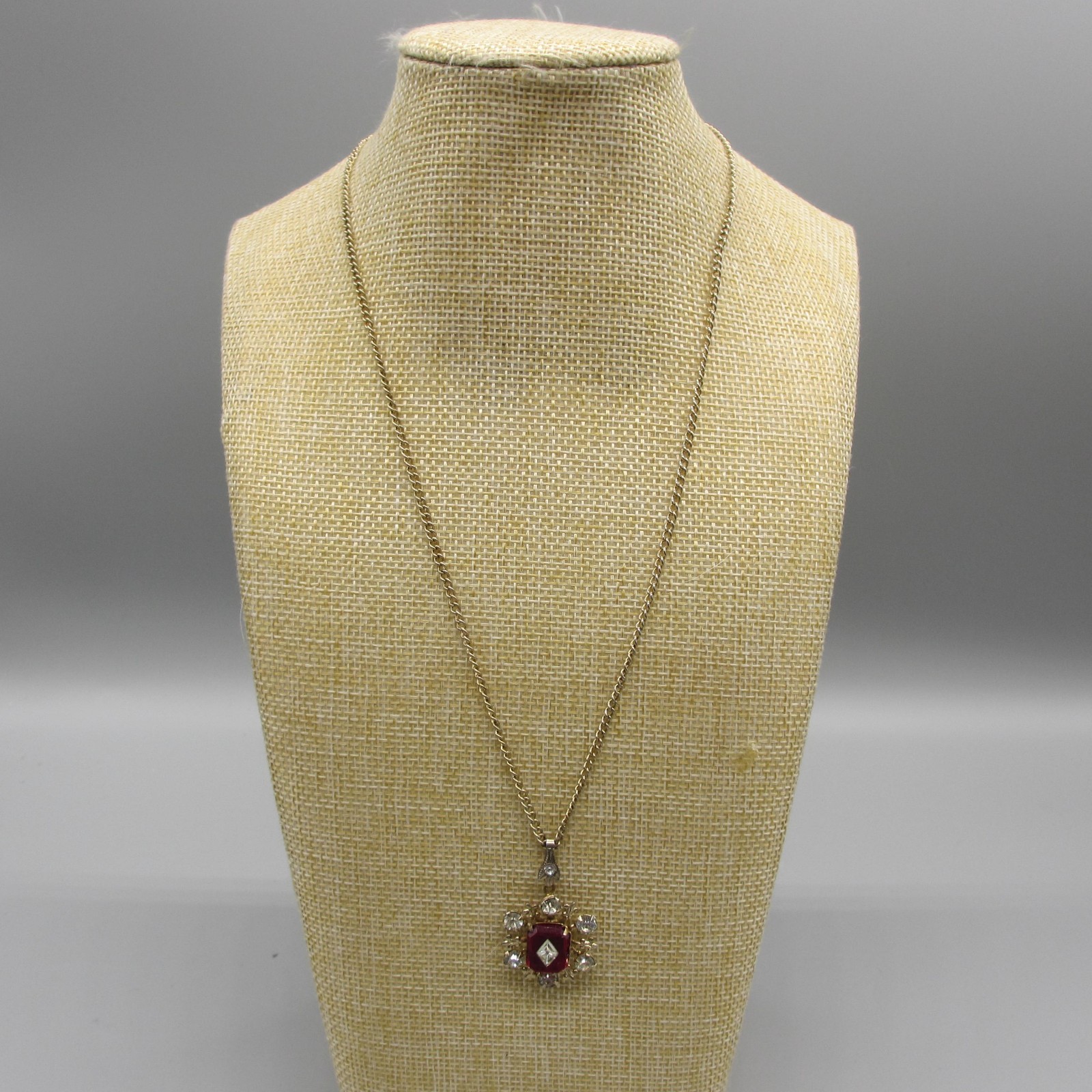 Vintage Rhinestone Pendant Necklace Red Clear Dainty Gold Tone 19 Inch