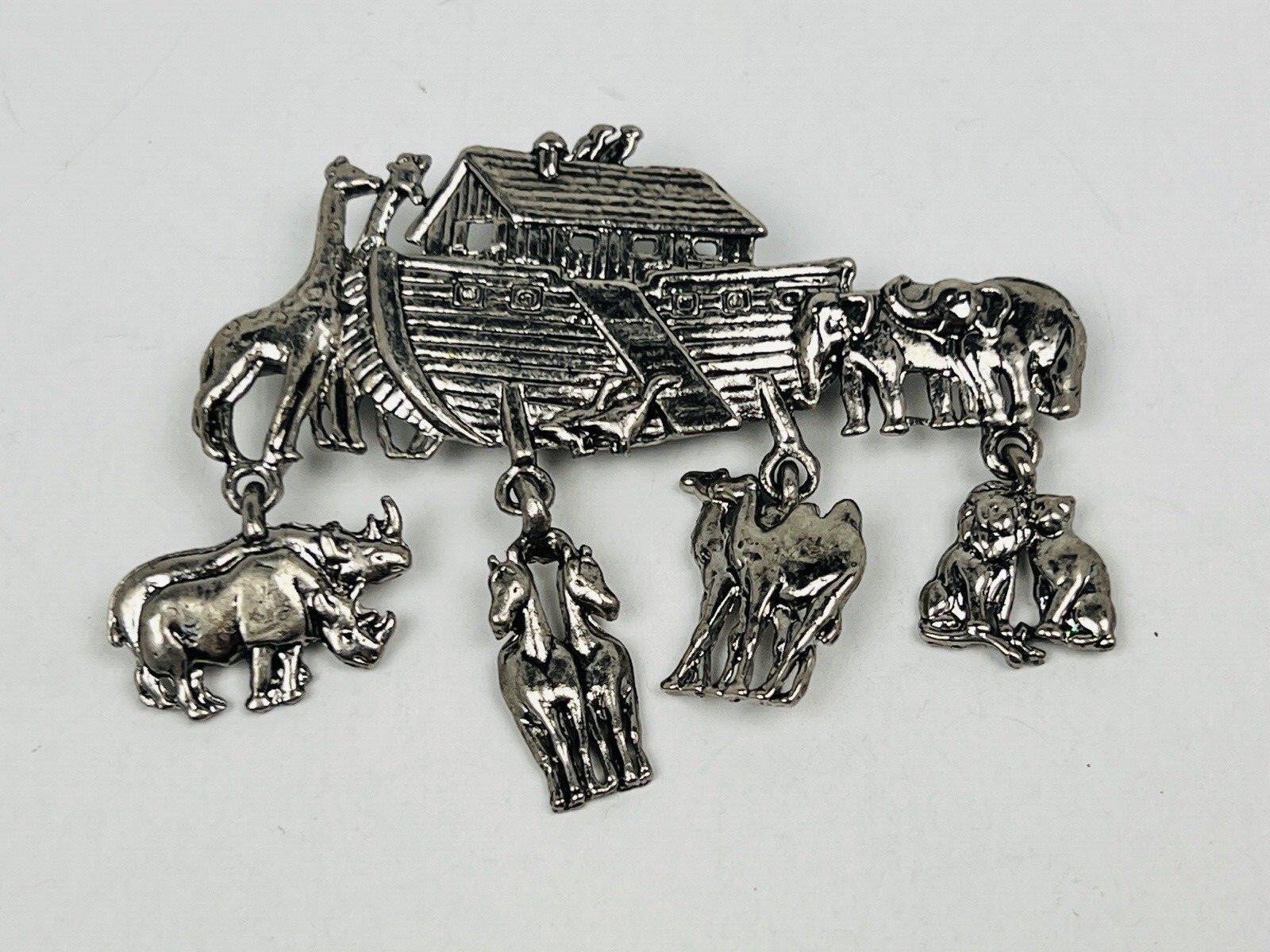 Vintage Silver Tone Large Noah’s Ark Charm Dangle Pin Brooch Animals