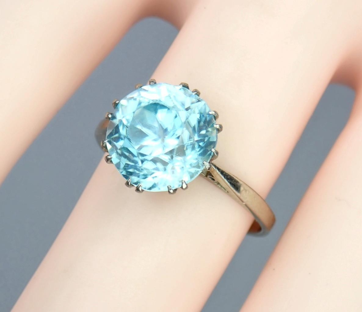 Antique Art Deco 18K Gold 5.4ct Old Cut Blue Zircon Solitaire Engagement Ring 6