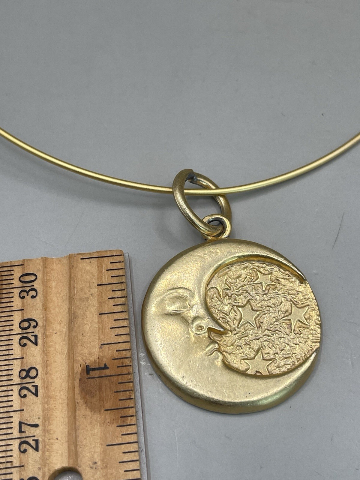 Vintage Brushed GoldTone Wire Choker Celestial Moon Stars Pendant 17” Necklace