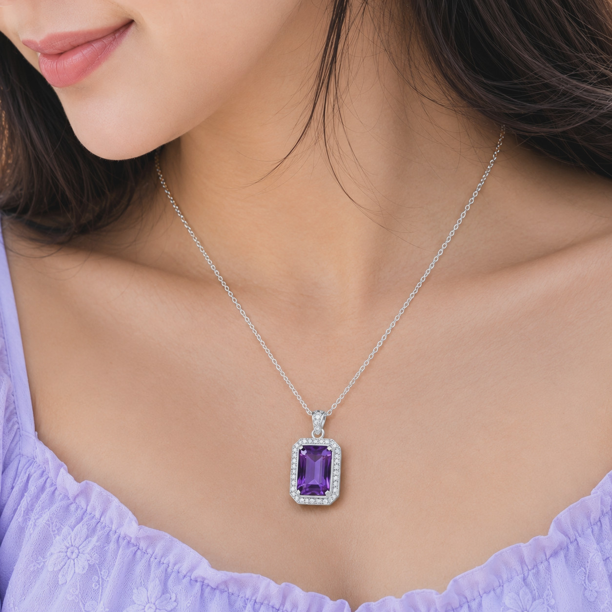 Natural Amethyst 925 Sterling Silver Pendant Emerald Cut Halo Purple Jewelry