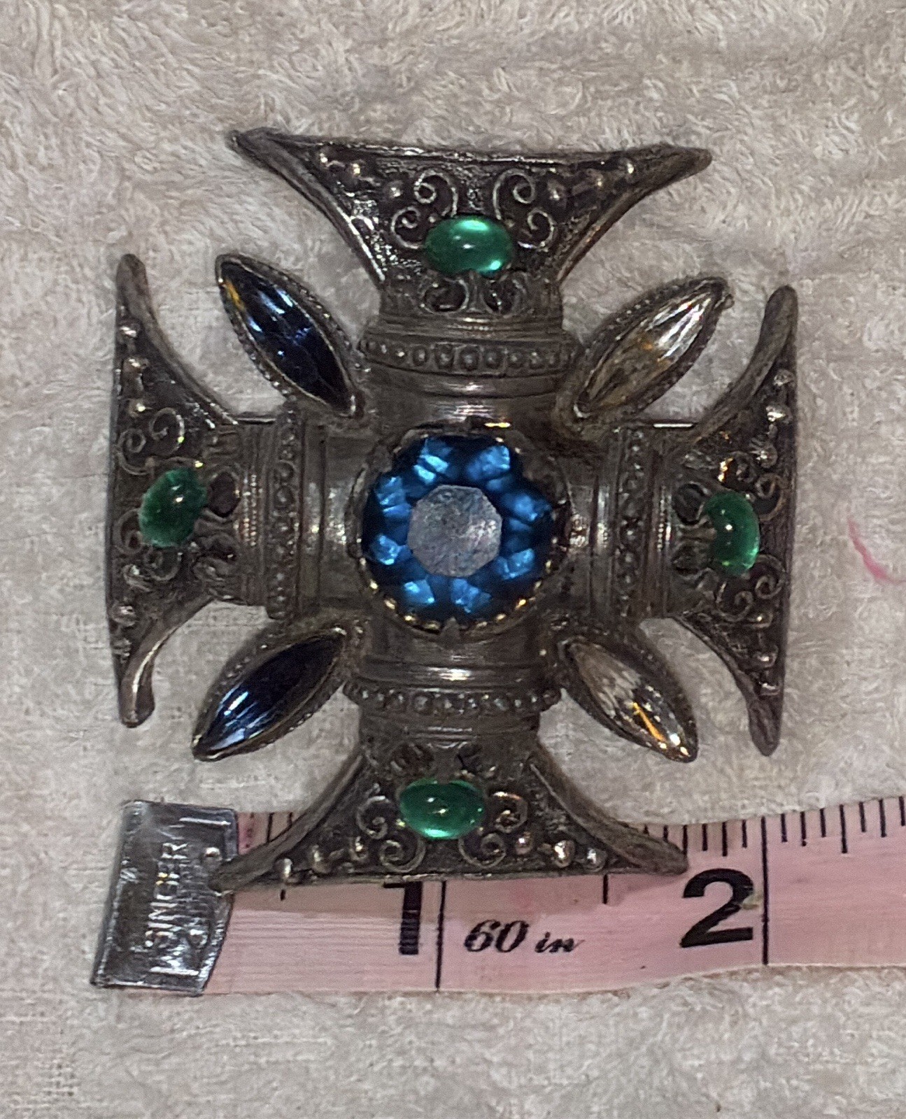 Vintage FLORENZA pendant brooch MALTESE CROSS IRON unknown gemstone medieval