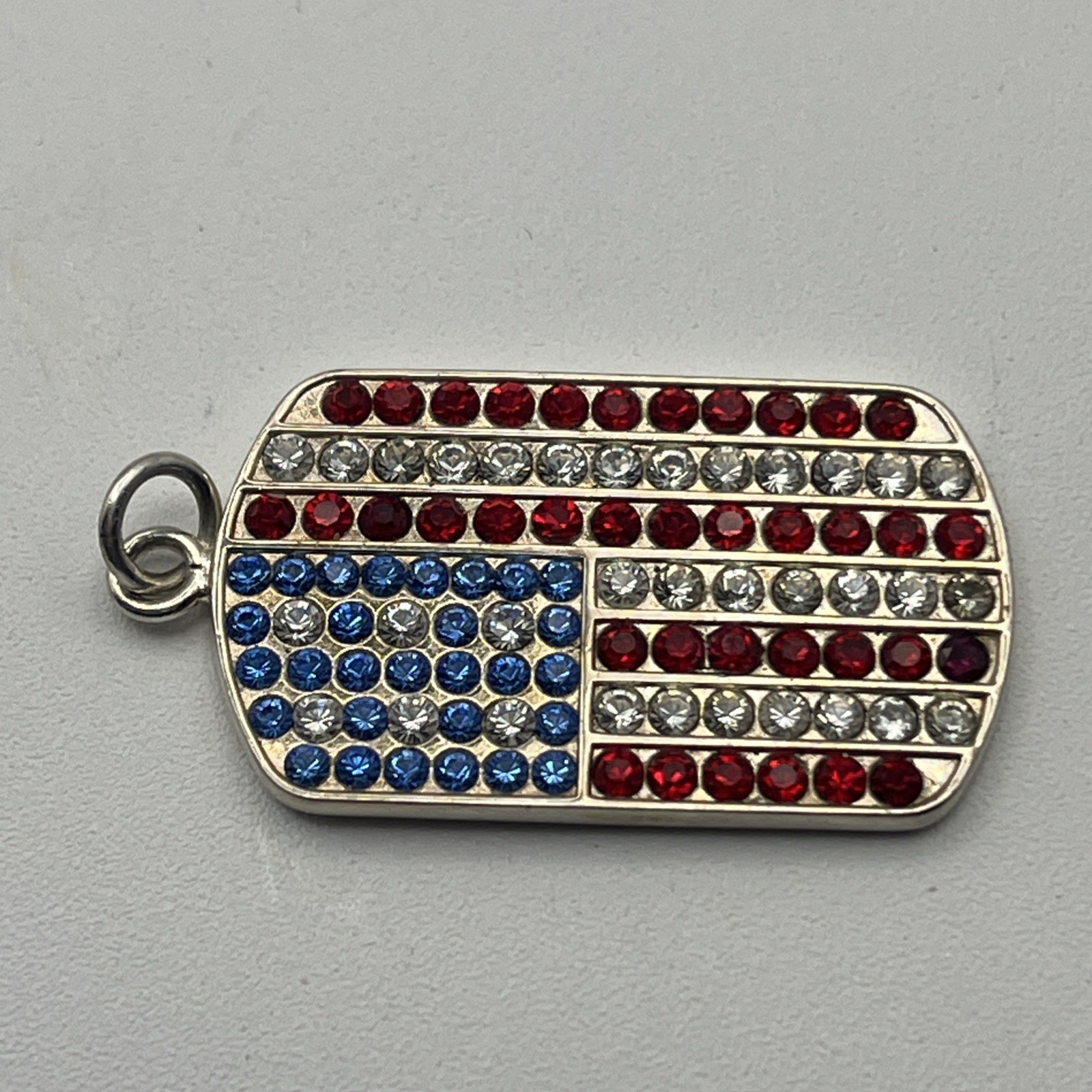VTG Sterling Silver Cubic Zirconia American Flag Design Dog Tag Pendant