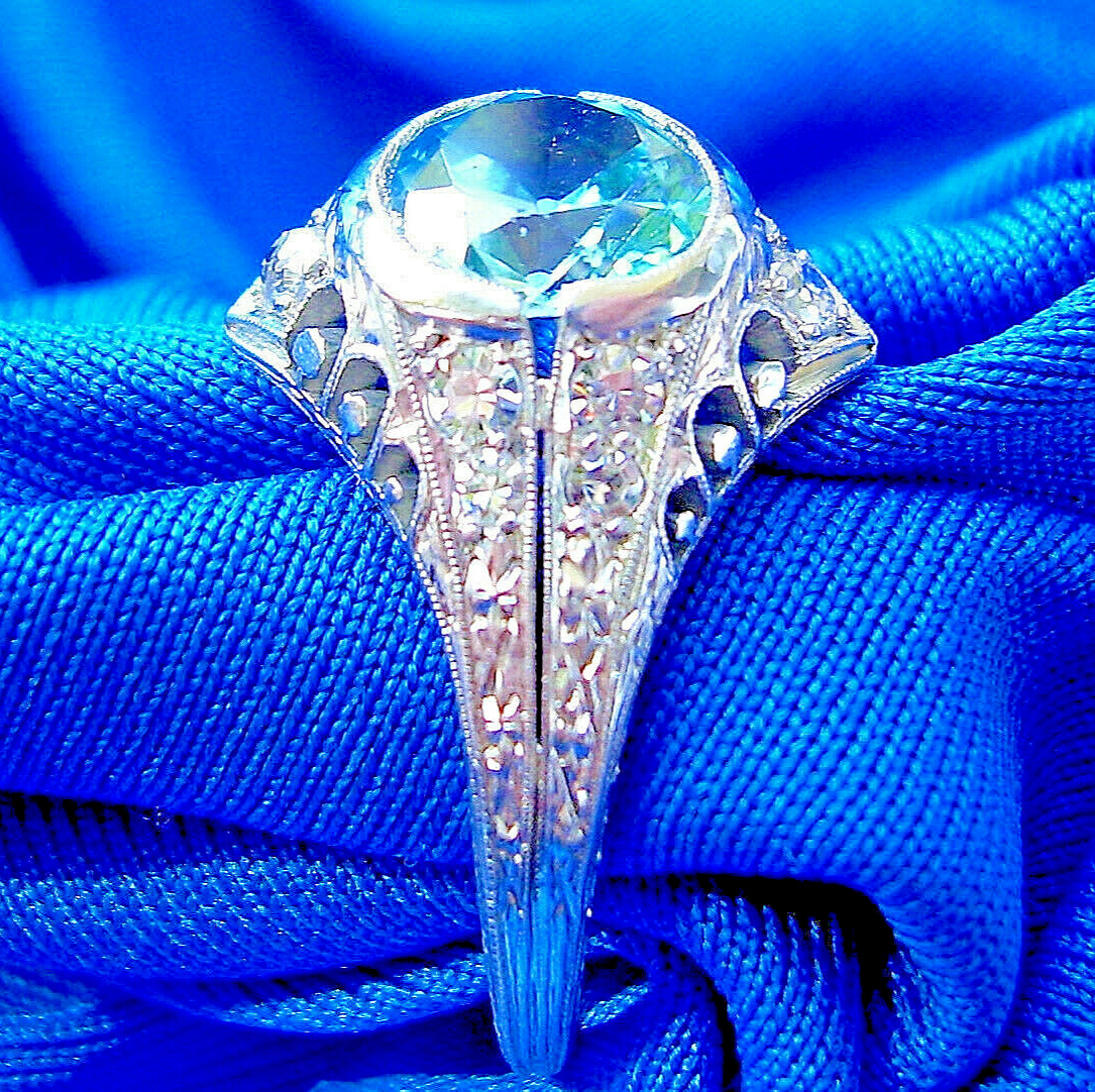 NATURAL EARTH MINED Blue Zircon DIAMOND PLATINUM ORIGINAL DECO Engagement Ring 8