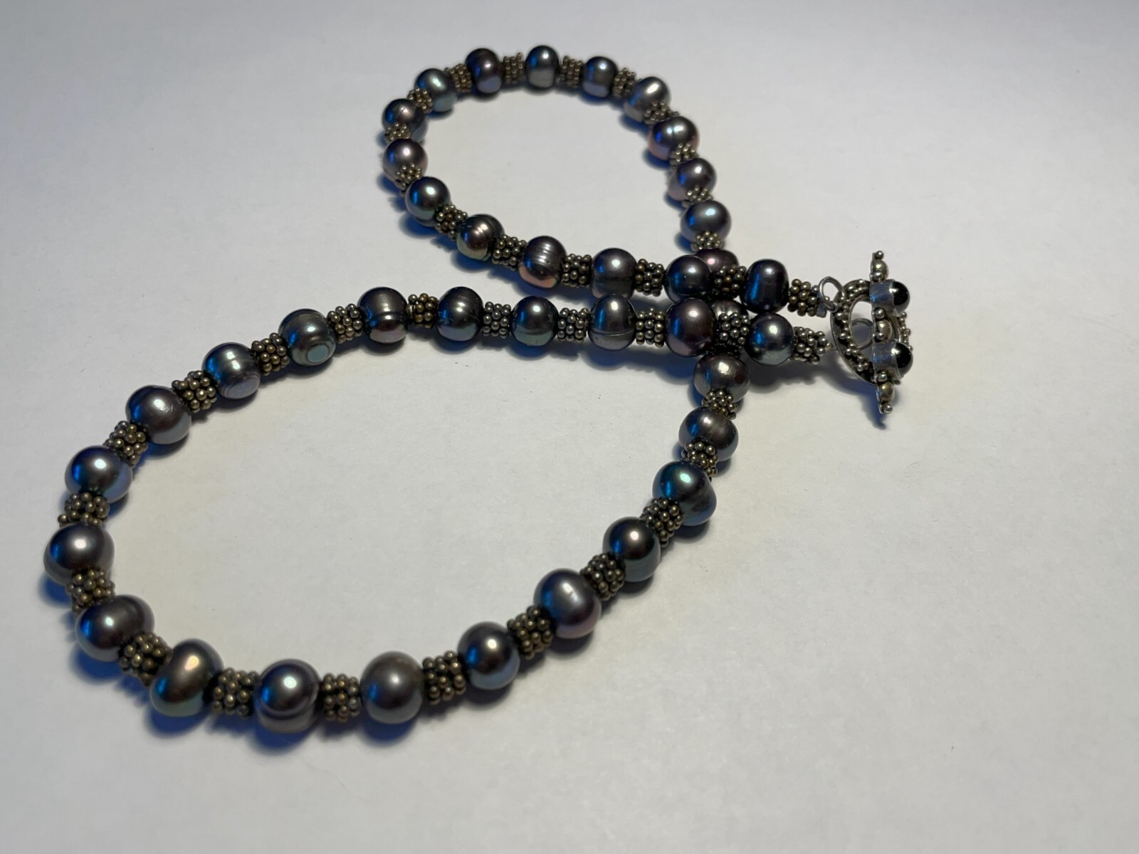 Dark Grey Faux Pearl & Sterling Silver Designer Necklace 17″