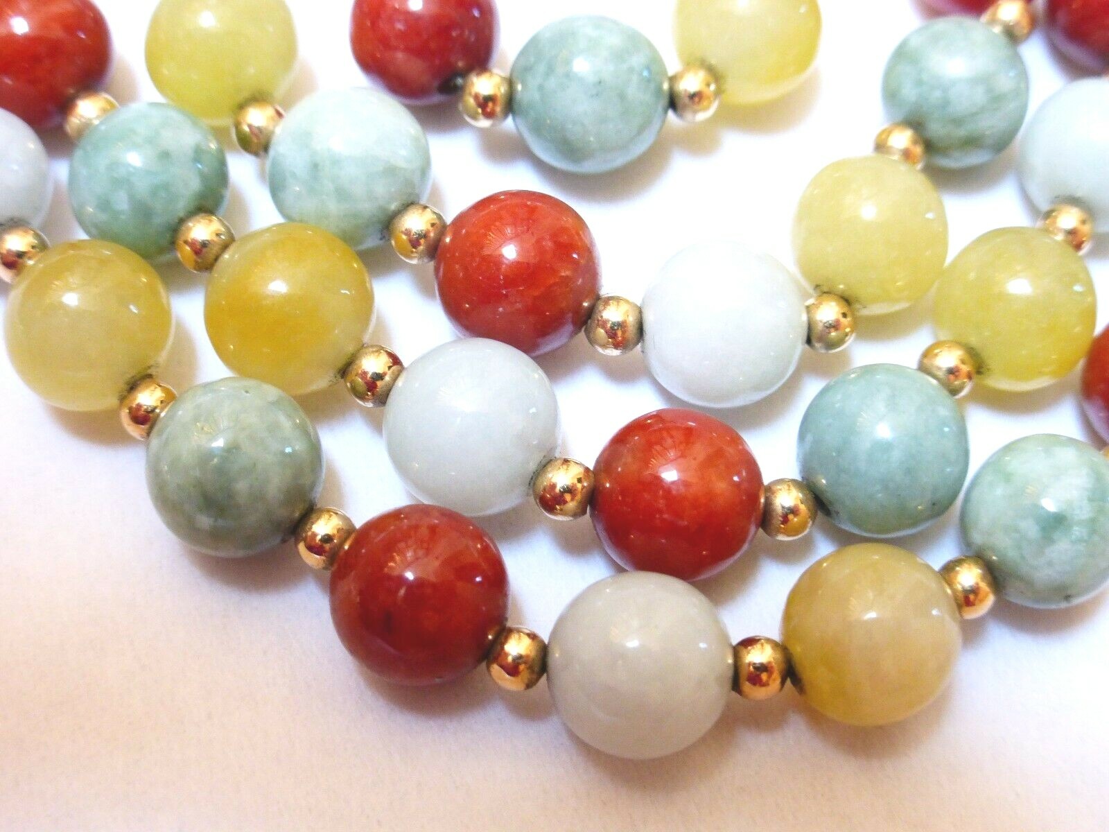 Vintage Chinese 14K Solid GOLD Multi-Color Jade 8mm Beads Necklace 28″, no clasp