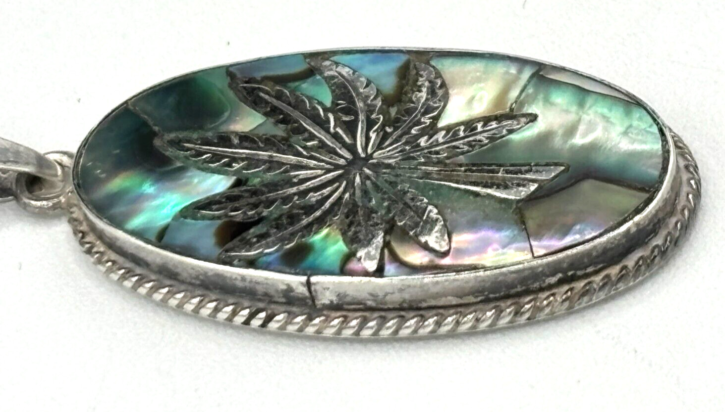 MidCentury Mexico Taxco Sterling Silver 925 Hemp & Abalone Pendant w/metal Chain