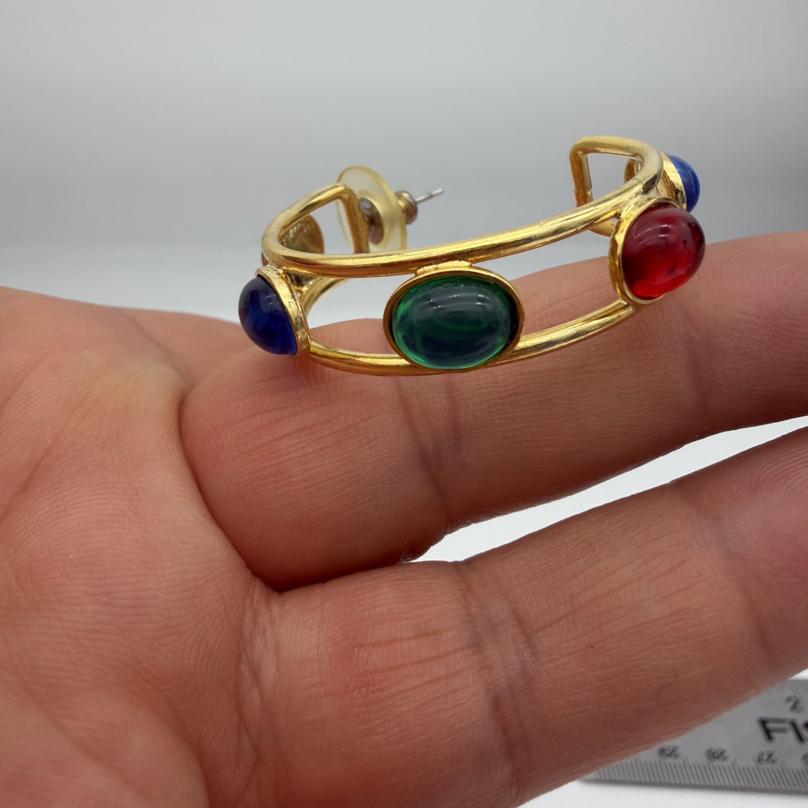 Vtg Mogul Hoop Earrings Gripoix Style Cabochon Red Blue Green Glass Large