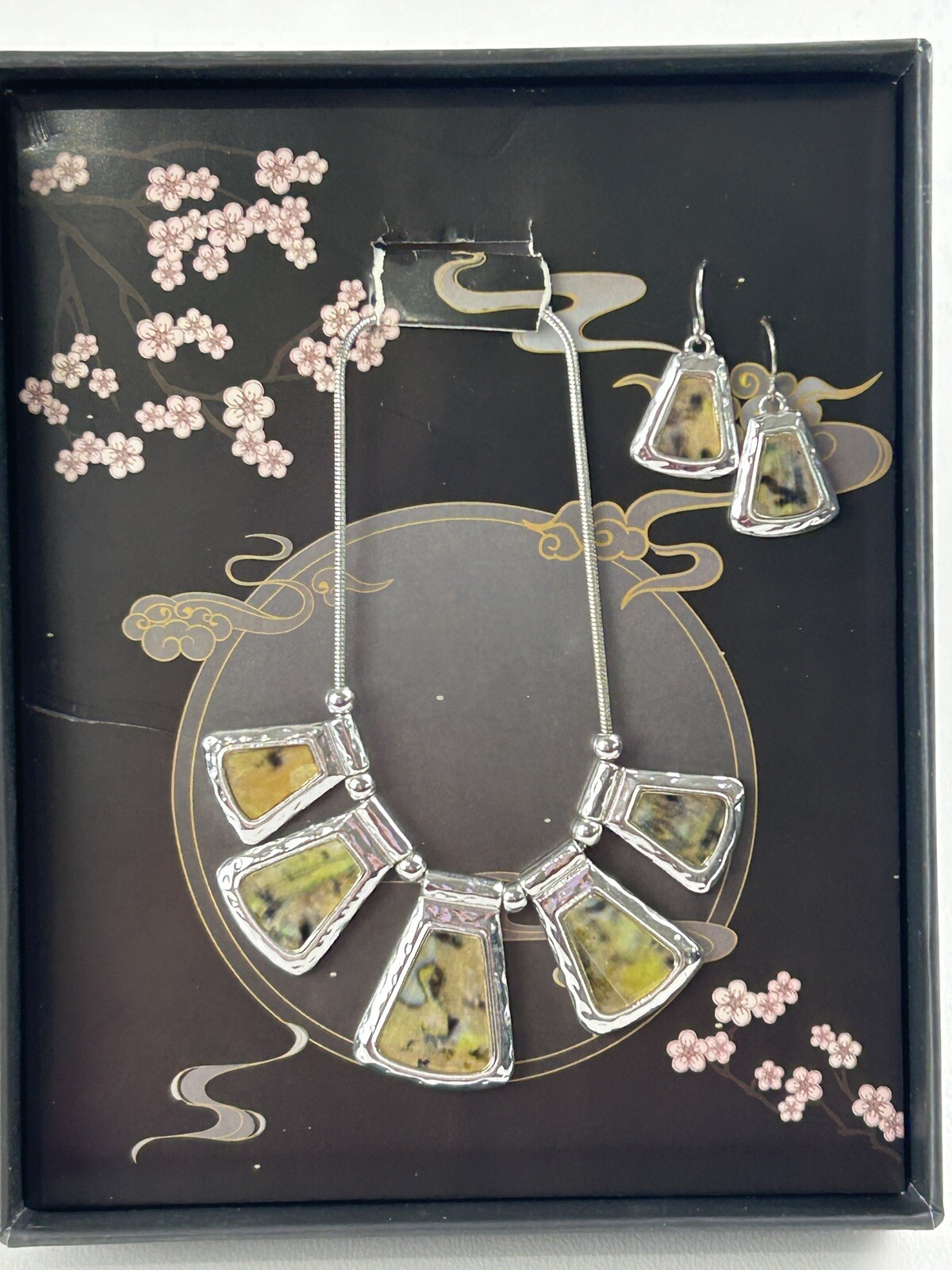 Abalone Shell Silver Necklace & Earring Set Art Deco Boho Creative Summer Beach