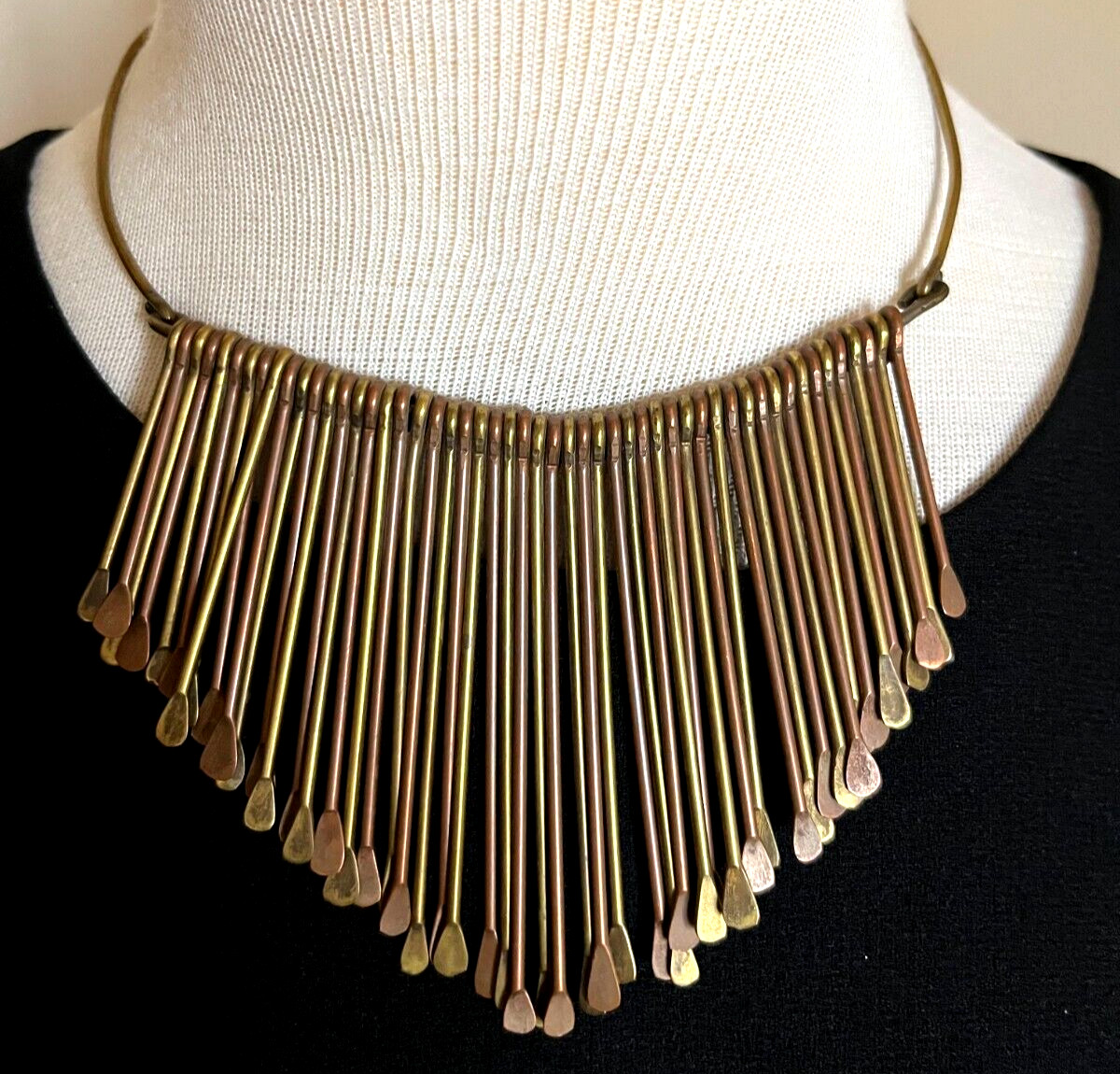 Vintage Brass Paddle Bib Collar Necklace Choker Hammered Fringe Tribal Boho
