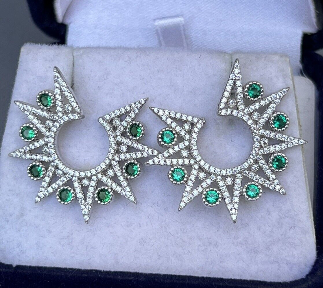 Vtg Sterling Star Point Statement Earrings, Emerald Green & Clear CZ Settings