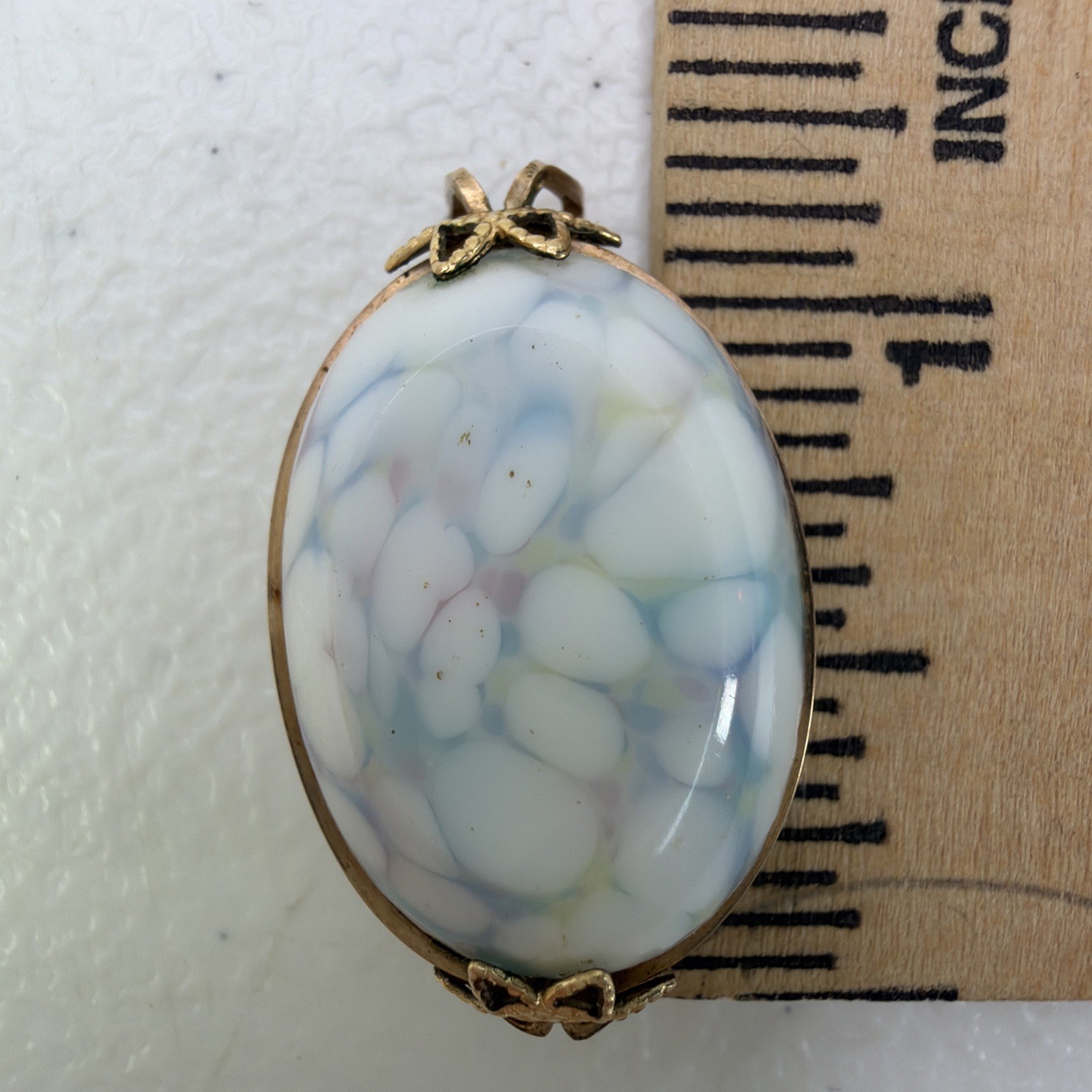 Opalescent Art Glass Scarf Clip • Iridescent Pastel Milky Cabochon Brooch VTG
