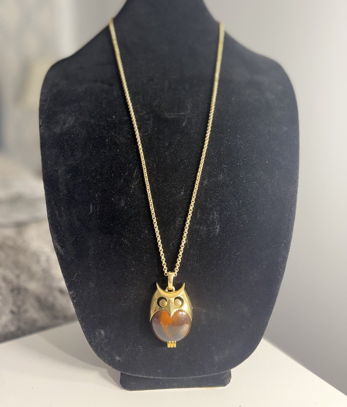 Vintage Crown Trifari Owl Pendant Necklace on 32” 1928 Gold Tone Chain