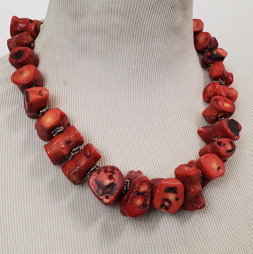 VTG Natural Chunky Red Coral Nugget w/Sterling Necklace Beaded 20in .5lb Matinee