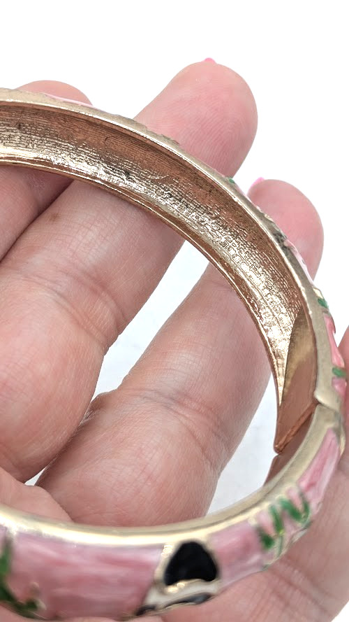 Vintage Cloisonne Panda Hinged Bracelet Pink Enamel Bamboo Gold Tone Bangle
