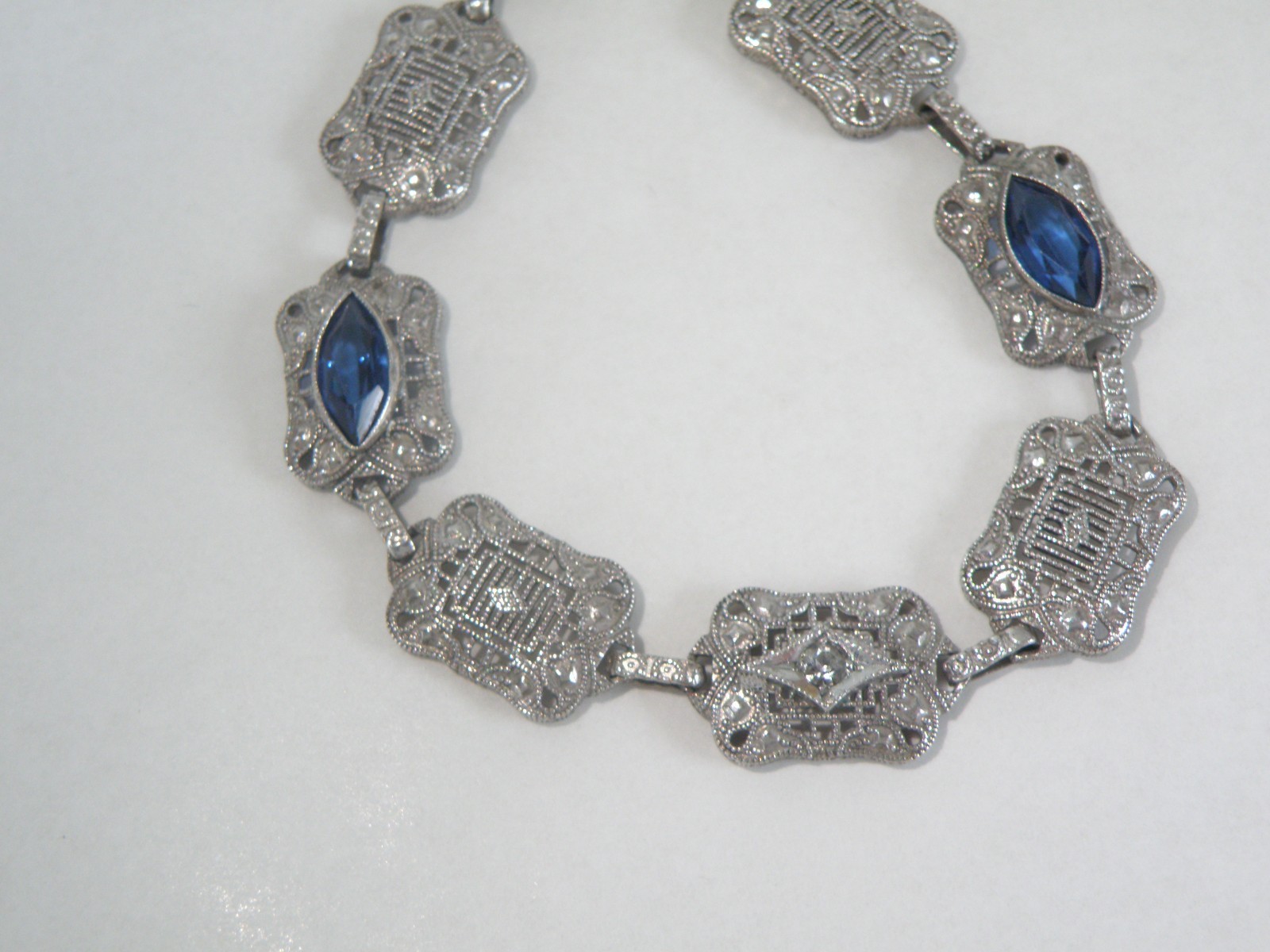 Art Deco Sterling Silver Sapphire Paste Filigree Station Antique Bracelet 7.5″