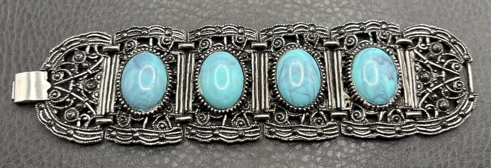 VTG Wide Chunky Panel Bracelet Faux Turquoise Boho Silver Tone Filigree