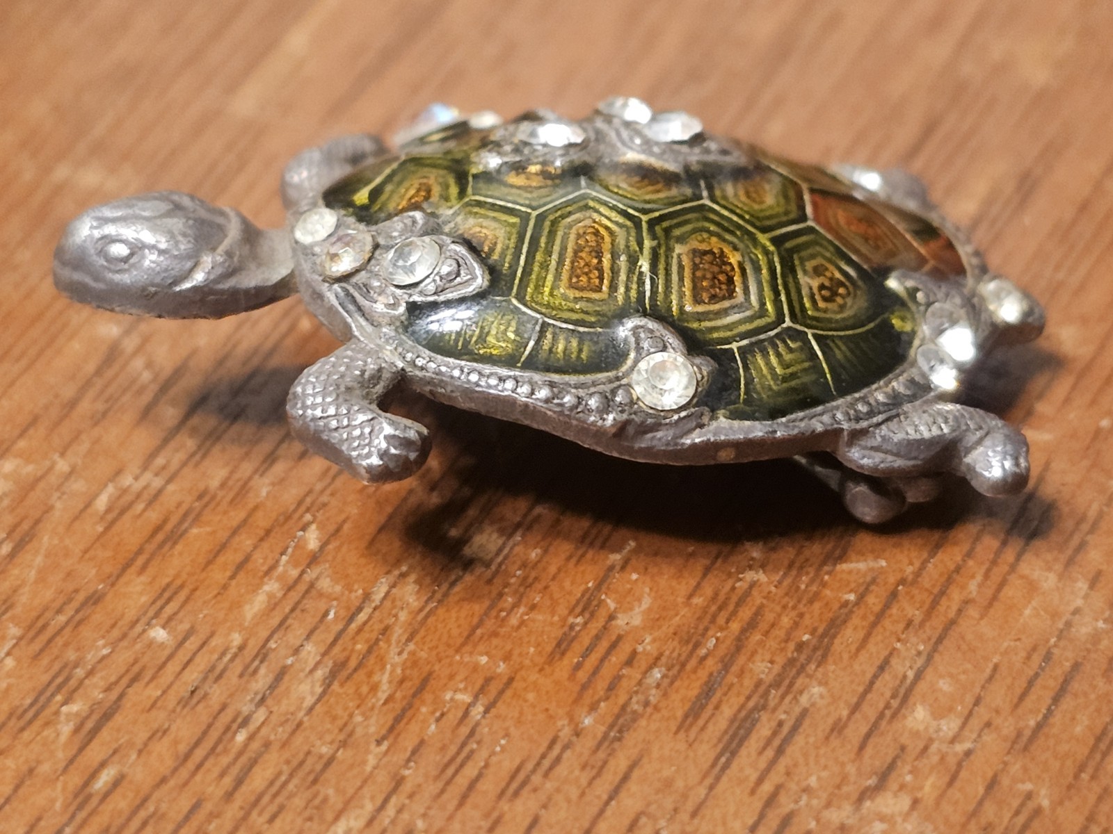 CATHERINE POPESCO FRANCE GREEN TURTLE INLAY ENAMEL & Rhinestones PEWTER BROOCH