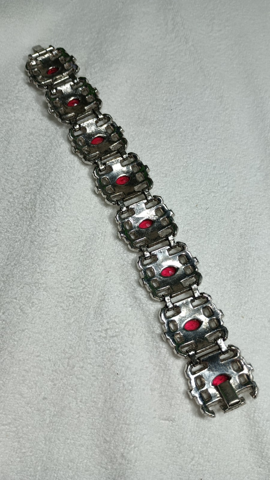 Art Deco Trifari Unsigned KTF Silver Tone Clear And Ruby Red Panel Bracelet 7 In