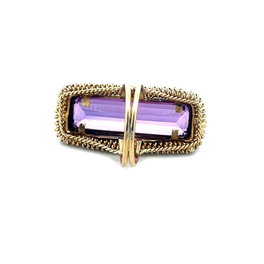Amethyst Gold Long Ring 18k Yellow Rope Style Split Shank Size 5 Vintage