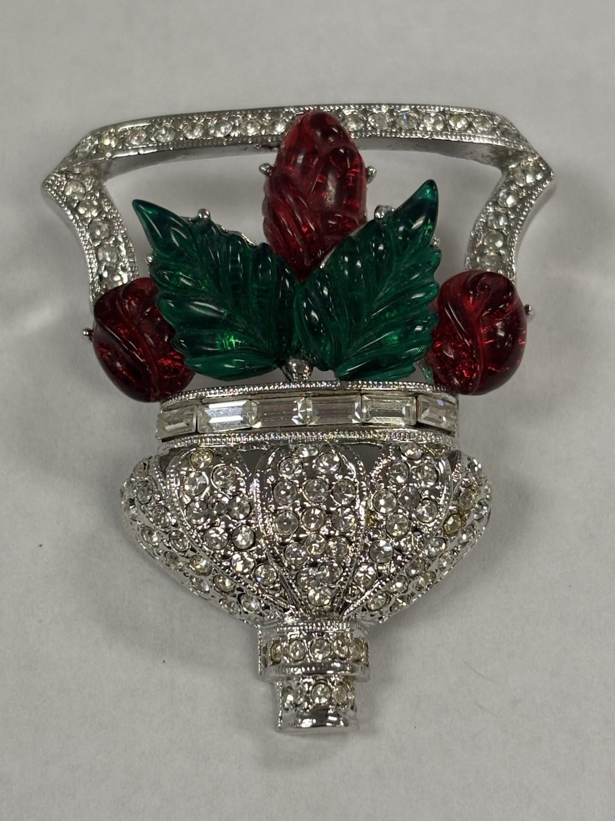 RARE Signed ART DECO 89 Floral Basket Brooch Pin Rhinestone Resin UNWORN HTF