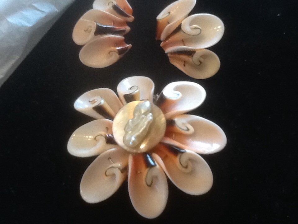 Pre-Owned Shell & MOP FLOWER PIN / Matching Earrings