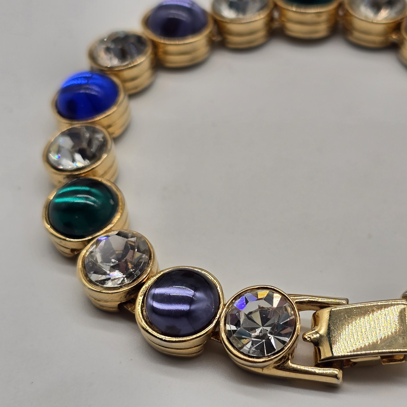 Vintage Les Bernard Bracelet Clear Rhinestones And Blue Green Purple Cabochons