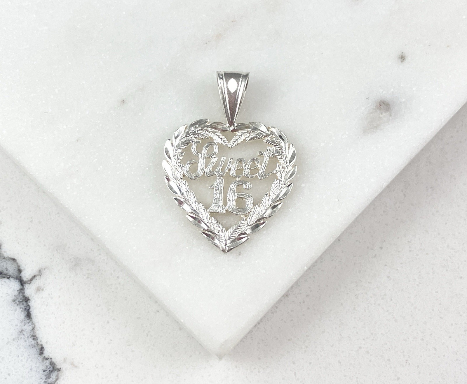 Vintage 925 Sterling Silver Etched Heart Sweet 16 Birthday Pendant